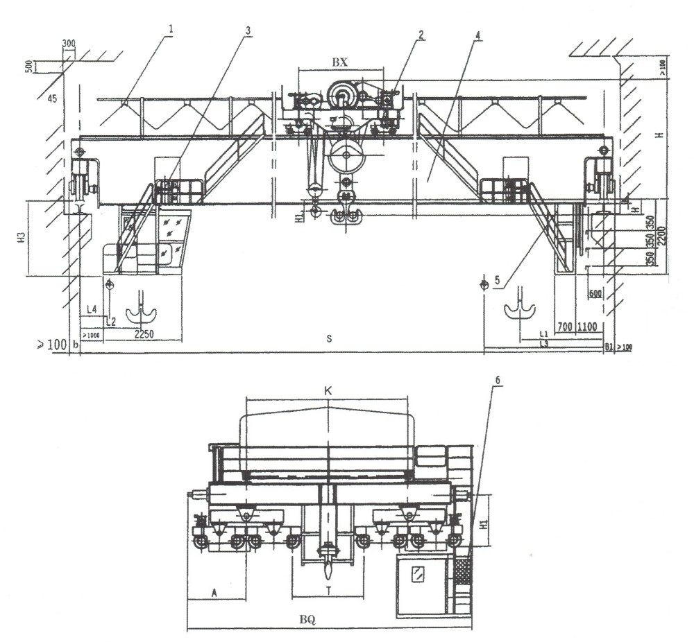 QD型吊鉤橋式起重機外形尺寸圖（125/32、160/50、200/50、250/50噸）