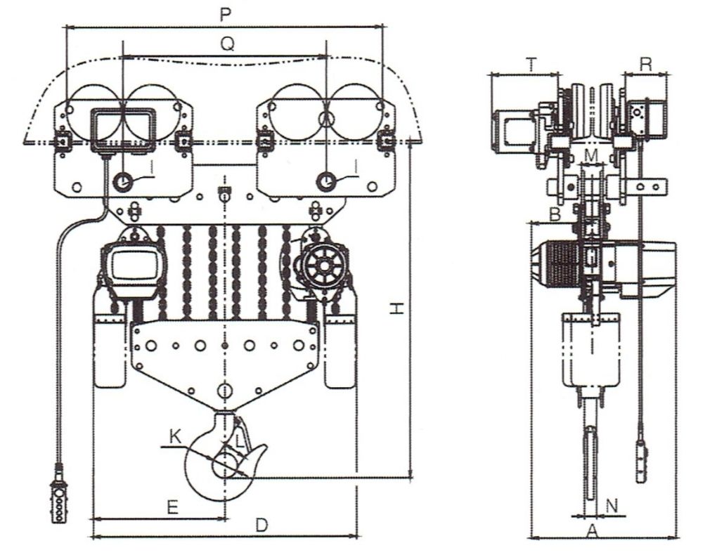 15、20、25t電動運(yùn)行式環(huán)鏈葫蘆外形尺寸圖